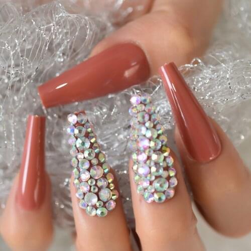 Strass AB Stones False Nails Long Orange Red 3D Predesigned Ballerina Ladies Decorative Faux Ongles with Rhinestones 24