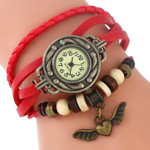 Gnova Platinum Indian Ethnic Bracelet Watch Angle Wing Charm Vintage Watch Genuine Leather Wristwatch Girl Fashion