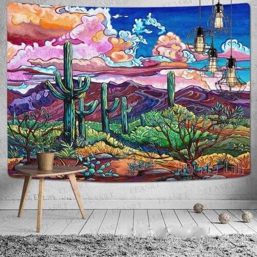 Cactus In The Desert Landscape Tapestry Colorful Plants Oil Painting Wall Hanging Art Home Decor