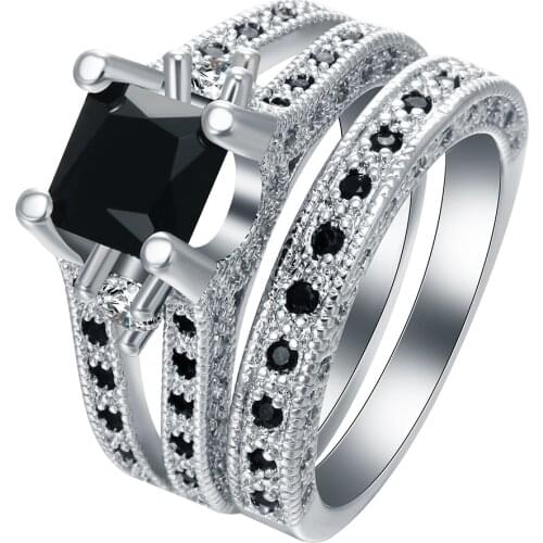 Hainon Silver Color Black Square Stone Ring Set Luxury 2 Rounds Fashion Cocktail Party Ring Brand Jewelry For Women Distribution