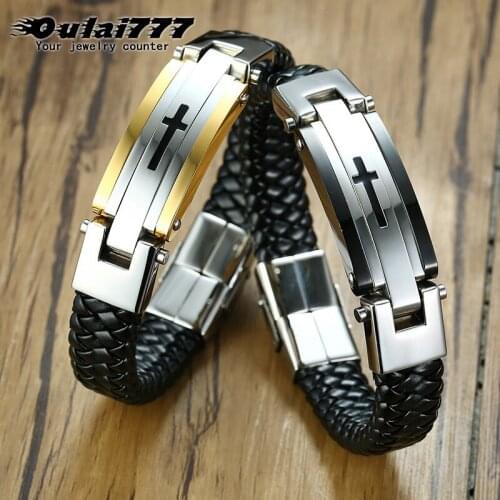 Leather Woven bracelet mens stainless steel snap button jewelry luxury 2020 bracelets couple gift for man accessories punk