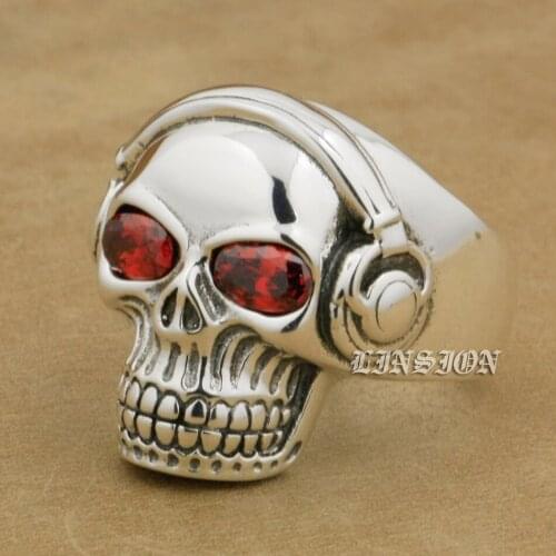 Red CZ Eyes DJ Skull Studio Music Headphone 925 Sterling Silver Mens Boys Biker Rock Punk Ring 8Y211 US Size 7 to 15