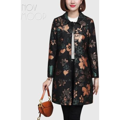 Novmoop High street fashion floral printed sheepskin genuine leather coat women spring winter long jacket veste femme LT2964