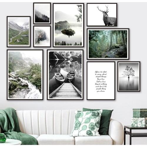 Mountain Lake Fog River Boat Forest Elk Wall Art Canvas Painting Nordic Posters And Prints Wall Pictures For Living Room Decor