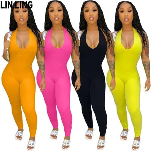 LINLING Hanging Neck Open Back Pile Pants Legs Sexy One-piece Body Open Back Fitness Sportswear Work Clothes