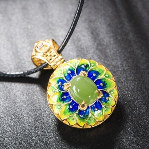 Retro Thai Silver Jewelry S925 Sterling Silver Cloisonne Three Gemstone Pendant Models Enamel Craft Female Pendant