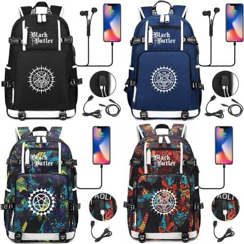 18 Inch Black Bulter Kuroshitsuji Snake Pattern USB Port Backpack Bag Laptop Travel Rucksack School Student Kids Boys BookBag