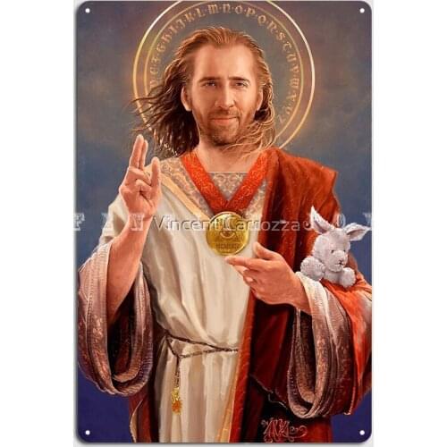 Saint Nicolas Of Cage Nic Cage Original Religious Painting Metal Sign Wall Mural Garage Club Printing Plates Tin Sign Posters