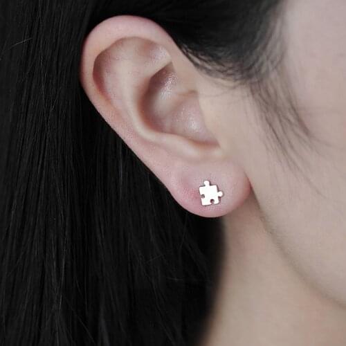 925 Sterling Silver Stud Earrings Female Simple Cute Earrings Fun Personality Brincos Party Jewelry Jigsaw Puzzle Pattern