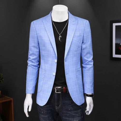 Light Blue Plaid Blazers For Men Slim Fit Costume Homme Mariage Jaquetas Homens Terno Masculino Casual Formal Blazer Man Q208