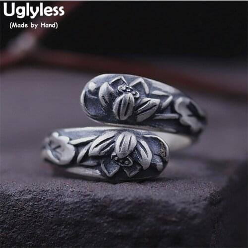 Uglyless Real 990 Fine Silver Women Ethnic Rings Handmade Embossed Lotus Flower Finger Ring Opening Design Floral Jewelry Bijoux