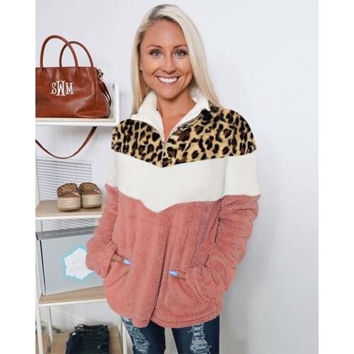 Women Winter Clothes V Collar Zipper Sweatshirts Plush Warm Long Sleeve Tops Ladies Pocket Leopard Loose Autumn Sweatshirt Coats