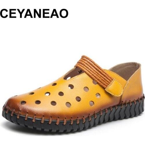 CEYANEAO Genuine leather women flats new cutouts summer shoes woman hollow women loafers female solid shoes zapatos de mujer