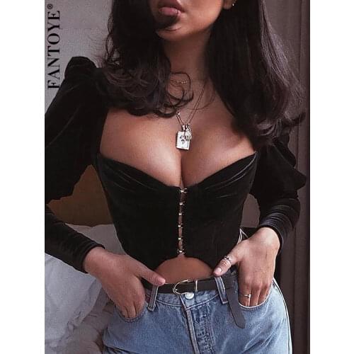 Fantoye Sexy Deep V-neck Black Flannel Crop top Women Elegant Bubble Sleeve Skinny Bodycon Bandage Tees Tank Top Corset Clubwear