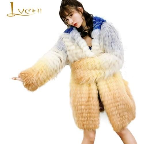 LVCHI 2019 Winter Real Fur Coats Natural Fox Fur Coat Womens With Hat Gradient Patchwork Contrast Color Medium Fox Fur Coats