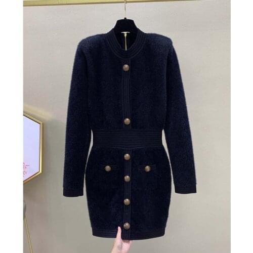 Women 2021 Autumn Winter Knitted Dress O-Neck Long Sleeve Back Golden Zipper Wrap Dress Waist Hugging Sexy Dresses