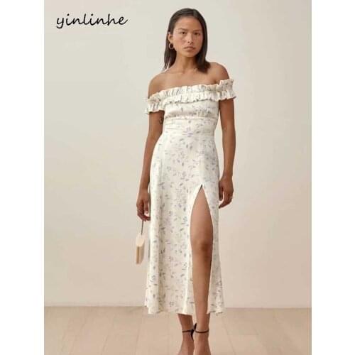 Yinlinhe White Off Shoulder Midi Dress Women High Waist Vintage Summer Dress Split Ruffles Dresses Party Wear French Style 2175