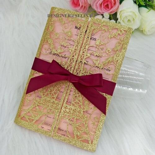 Gold Glitter Wedding Invites with Burgundy Ribbon Tower Laser Cut Invitation Cards for Quinceanera Graduation Party Invitations