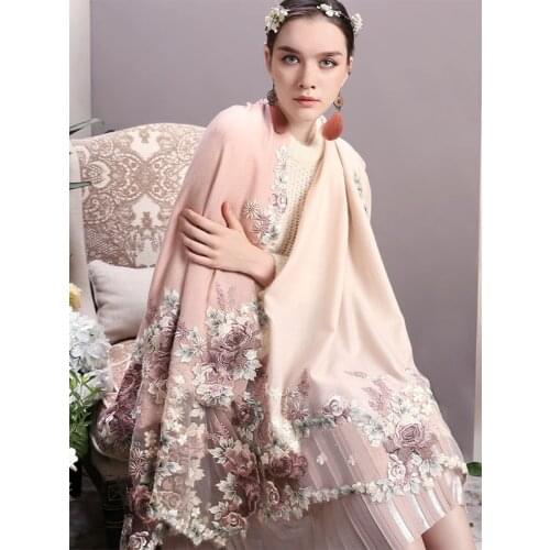 100% Cashmere Scarf Flowers into a dream~Imported embroidery cashmere scarf/shawl stitching gradient pink winter shawl Women