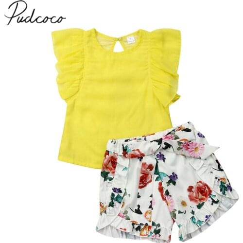 2019 Baby Summer Clothing 1-6Y Infants Kids Baby Girls Ruffles Sleeve Chiffon Tops T-shirt+Floral Short Pants Outfits Clothes
