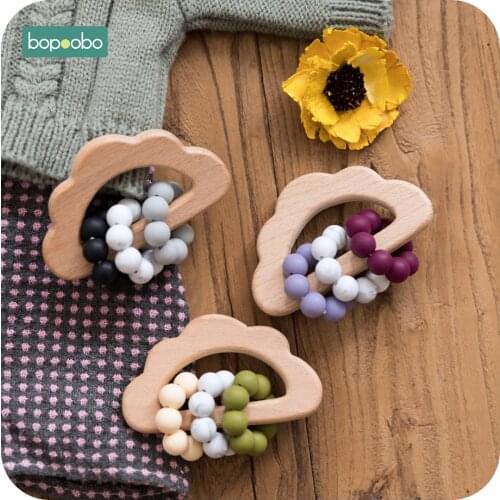 Bopoobo 1PC Baby Rattle Silicone Beads Bracelet Food Grade Bead Teething Wooden Cloud Rattle Baby Teether NewBorn Baby Products