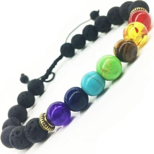 7 Chakra Adjustable Strand Bracelet Men Women Lava Rock Tiger Eye Black Matte Beads Natural Stone Braided Bracelets Yoga Jewelry