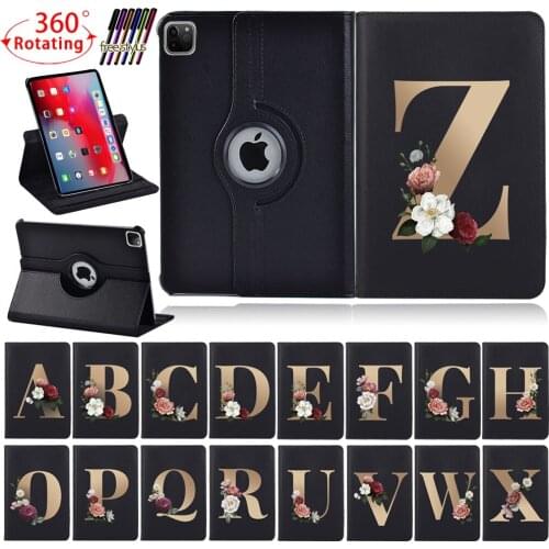 Initial Name Rotating Tablet Case for Apple IPad Pro 9.7/Pro 10.5 2017/Pro 11 2018/Pro 11 2020 - 26 Letter Leather Stand Cover