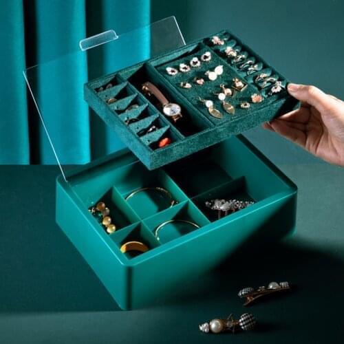 Double-layer jewelry box ring storage box earrings necklace storage box transparent plastic jewelry box ladies gift emerald gree