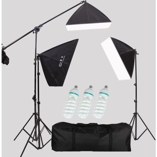 Photography Lighting Softbox Kit 3pcs Soft Box with 150W Bulbs Light Stand Cross arm Top Lamp for Photo Studio