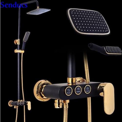Senducs Black Gold Shower Set With Quality Brass Bathroom Shower Faucet And Abs Top Rain Shower Luxury Bathroom Shower System