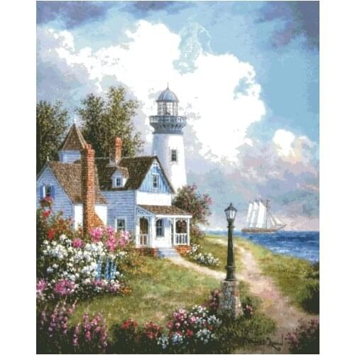 Needlework,Seaside Lighthouse Scenery embroidery,DIY 14CT Unprinted Cross stitch kits,Pattern counted Cross-Stitching decor