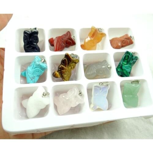 Natural stone Turquoises Quartz crystal tiger eye aventurine owl pendant for diy Jewelry making necklace Accessories12pcs