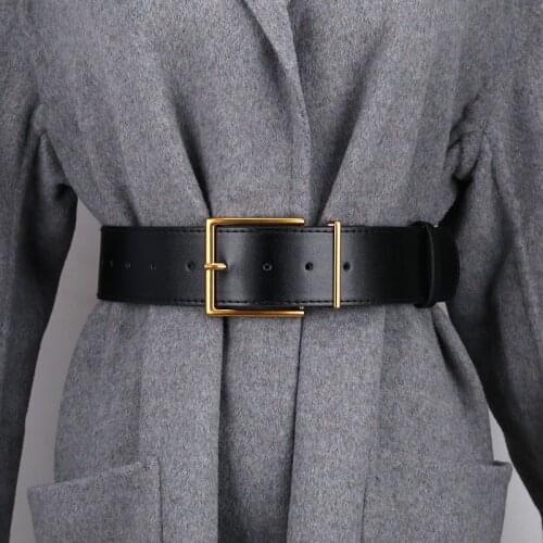 Womens new Wide Belt Gold Square Pin Buckle Female Black brownPU Leather Belts Dress Coat Waist Corset Waistband