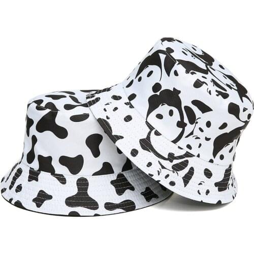 2021 new fashion reversible black and white cow and panda pattern bucket hat summer outdoor sun protection ladies fisherman hat