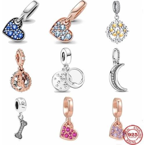 925 Silver New Light Blue Pavé Tilted Heart Dangle Charm Bead Fit Pandora Original Bracelet Charms Beads For Women DIY Jewelry