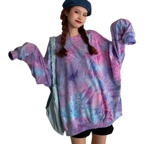 Casual Tshirts Korean Style Gradient Female T Shirt Tie-Dye Round Neck Loose Casual Long-Sleeved Tee Top Vetements Femmes