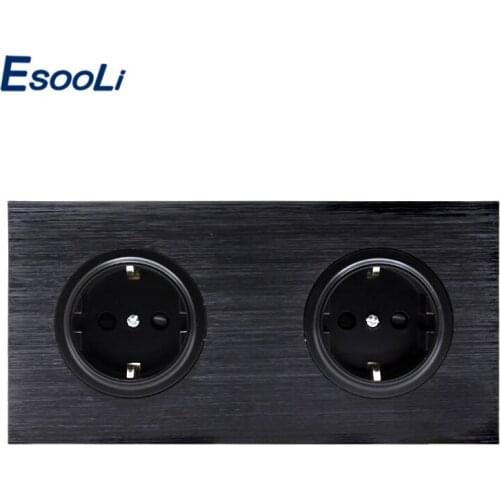 Esooli Luxury Black Aluminum Panel 16A Double EU Standard Wall Power Socket Outlet Grounded With Child Protective Lock