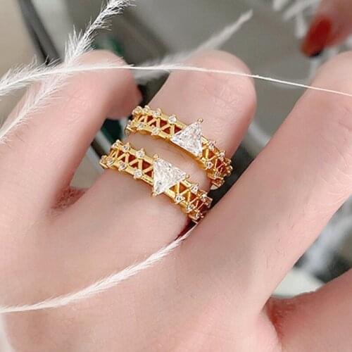European and American Row Crystal Gemstone Ring Index Finger Rings Triangle Double Fashionable Atmosphere Ins Women Jewelry