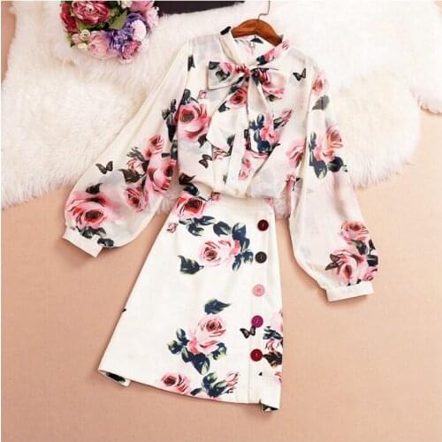 Seiwnibu Elegant Floral Print Blouse Top Skirt 2 Piece Set 2020 Spring Summer High Waist Skirts OL Shirt Women Two Piece Suits