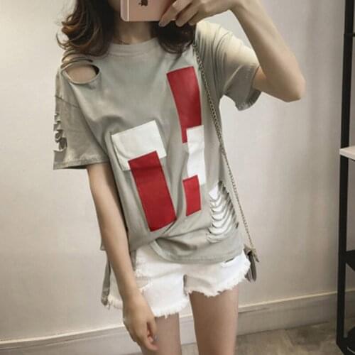 New Summer Casual Women T Shirts 2021 Short Sleeve Fashion Patchwork Hole Tee Loose Women Irregular Clothes