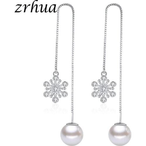ZRHUA Silver Color Dazzling CZ Zircon Charm Flower Earrings For Women Long Pearl Earrings Ear Line pendientes Luxury Gift