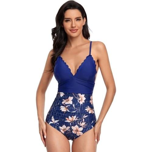 Blue Floral Print Patchwork One Piece Swimsuit Women Push Up Monokini Bathing Suits High Waist Beach Swimwear Bikini Bodysuit