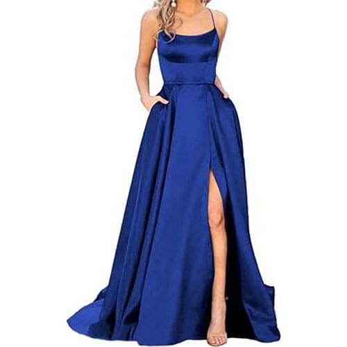 Women Long Satin Evening Dresses High Slit Sweep Train Cocktail Dress Spaghetti Strap Sleeveless Clubbing Gowns