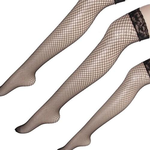 3 Pairs Fishnet Stockings Women Lace Top Over Knee Thigh High Without Silicone Solid Sexy Stocking Great with Garter