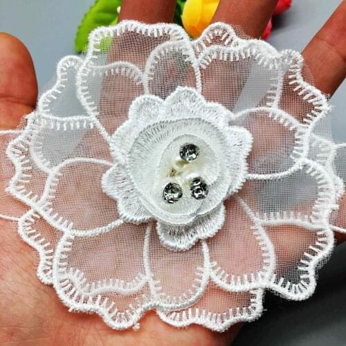 5x 3D Diamond Pearl Rose Flower Veil Lace Trim Embroidered Ribbon Applique Wedding Dress Handmade DIY Sewing Craft 9x9cm