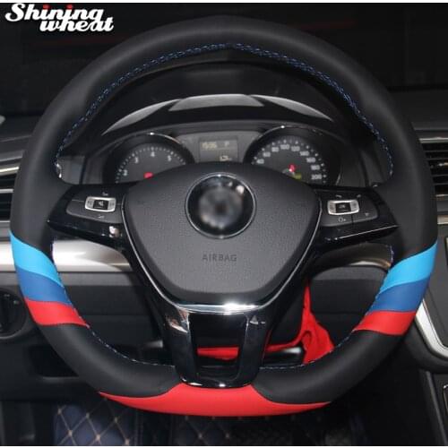 Shining wheat Black Genuine Leather Blue Red Marker Steering Wheel Cover for Volkswagen VW Golf 7 Mk7 New Polo Jetta Passat B8