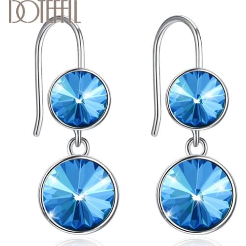 DOTEFFIL 925 Sterling Silver Charm Blue Double Crystal Earrings Women Fashion Wedding Jewelry Christmas Gift