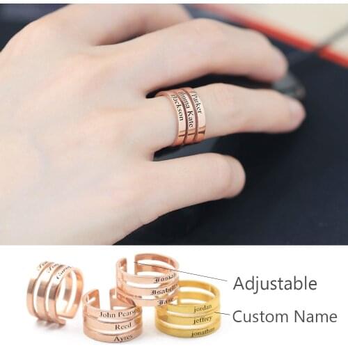 HUHUI Customized 1-4 Names Ring Personalized Open Adjustable Gold Color Stainless Steel Unisex Family Jewelry Anniversary Gift