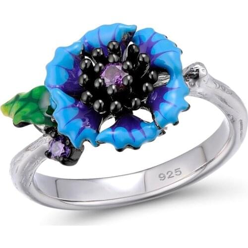 Delicate Bohemia Jewelry Blue Daisy Silver Wedding Party Rings for Women Handmade Enamel Temperament Vintage Finger Ring Gift