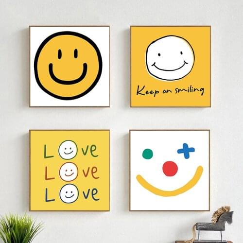 Modern Simple Yellow Smiling Face Nursery Canvas Painting Fun Korean Ins Style Pictures for Bedroom Home Decor Wall Art Poster